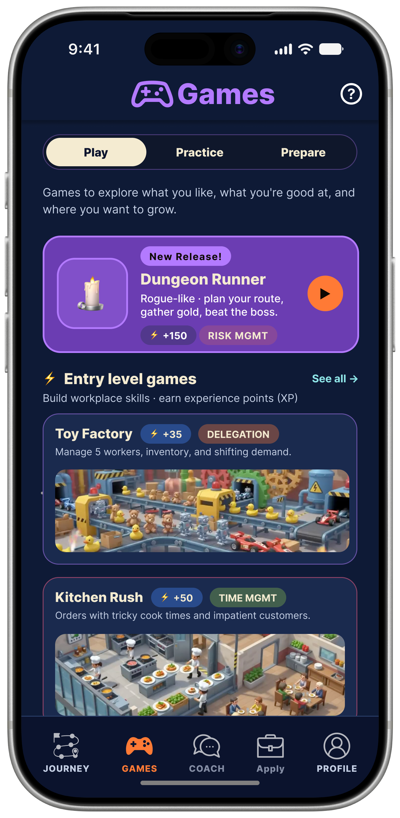 Games screen showing skill-building games such as Dungeon Runner, Toy Factory and Kitchen Rush, each tagged with the workplace skill it builds